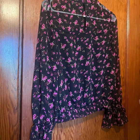 Express Women’s Floral Black and Pink Sheer Long Sleeve Blouse Small - Picture 5 of 6